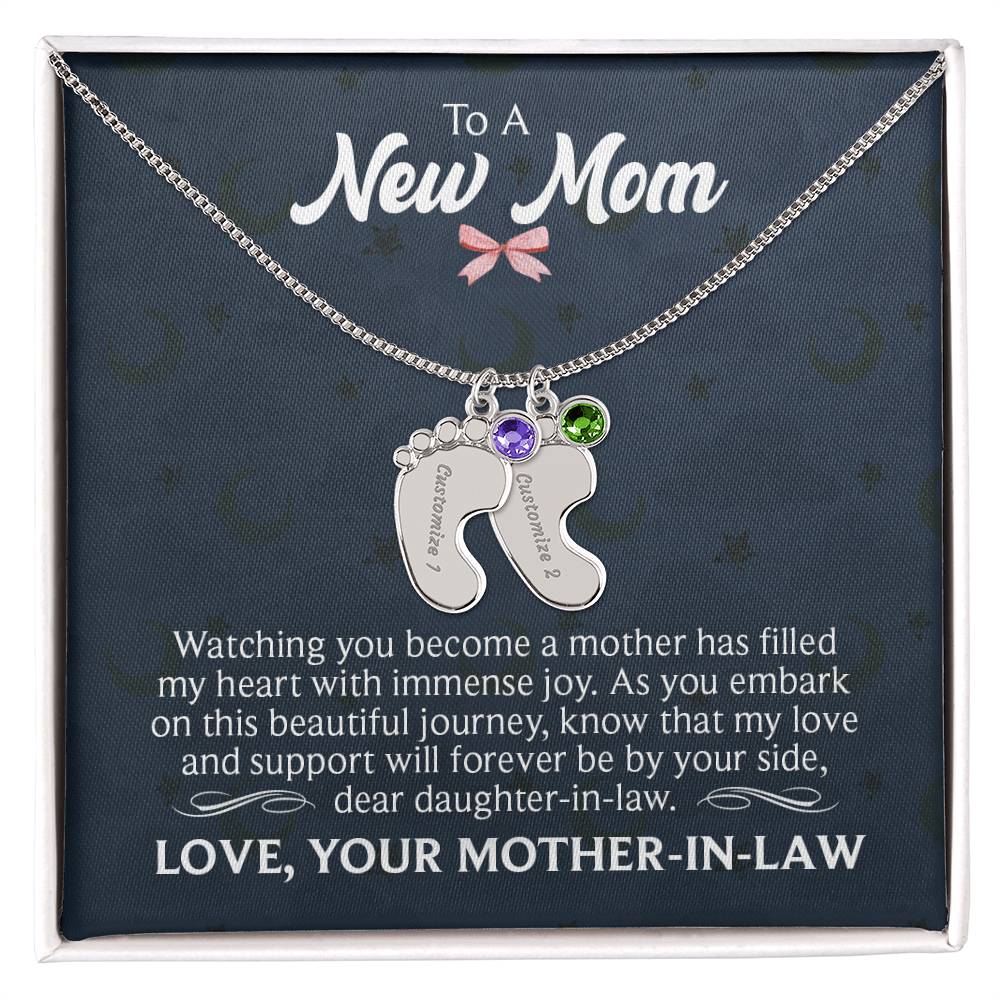 Engraved Baby Feet Necklace with Birthstone  - To A New Mom