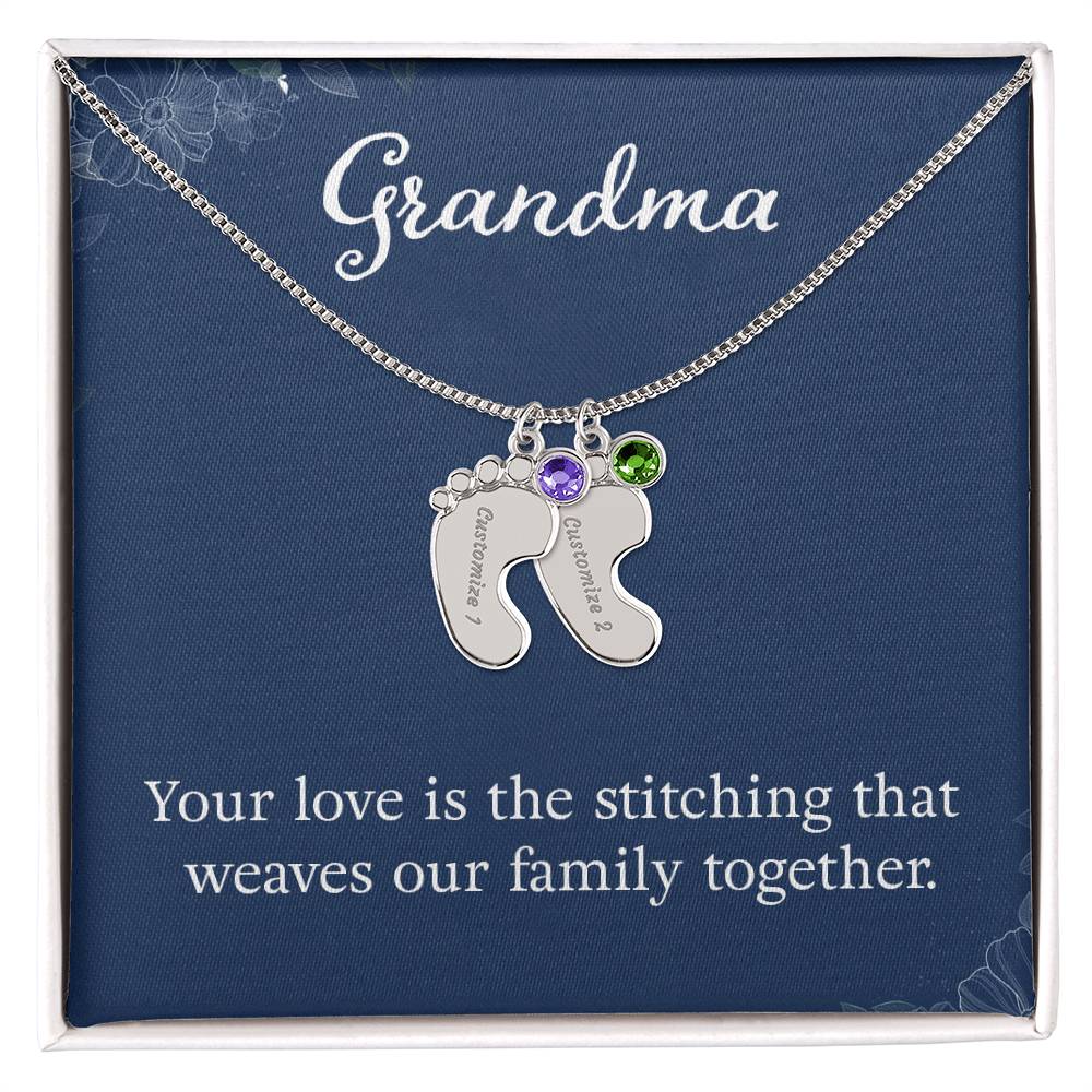 Engraved Baby Feet Necklace with Birthstone -Grandma, Your Love