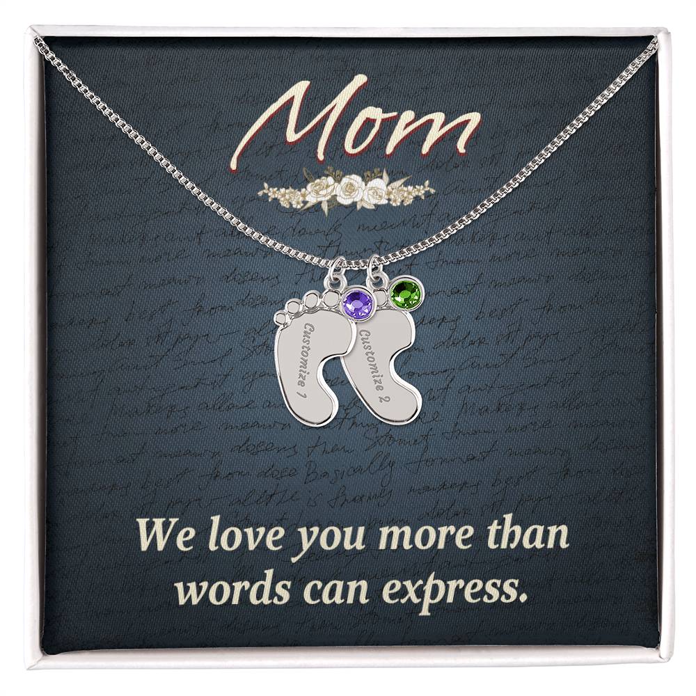 Engraved Baby Feet Necklace with Birthstone  - Mom, We Love You