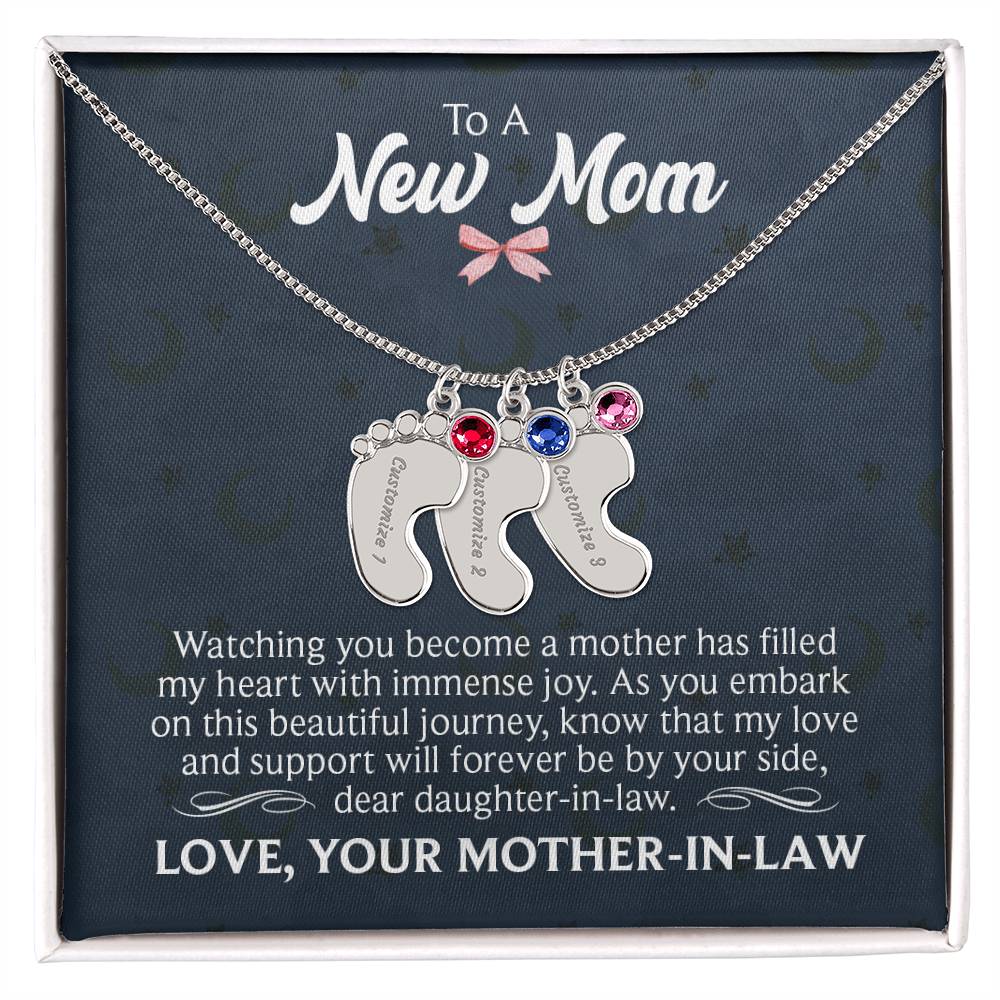 Engraved Baby Feet Necklace with Birthstone  - To A New Mom