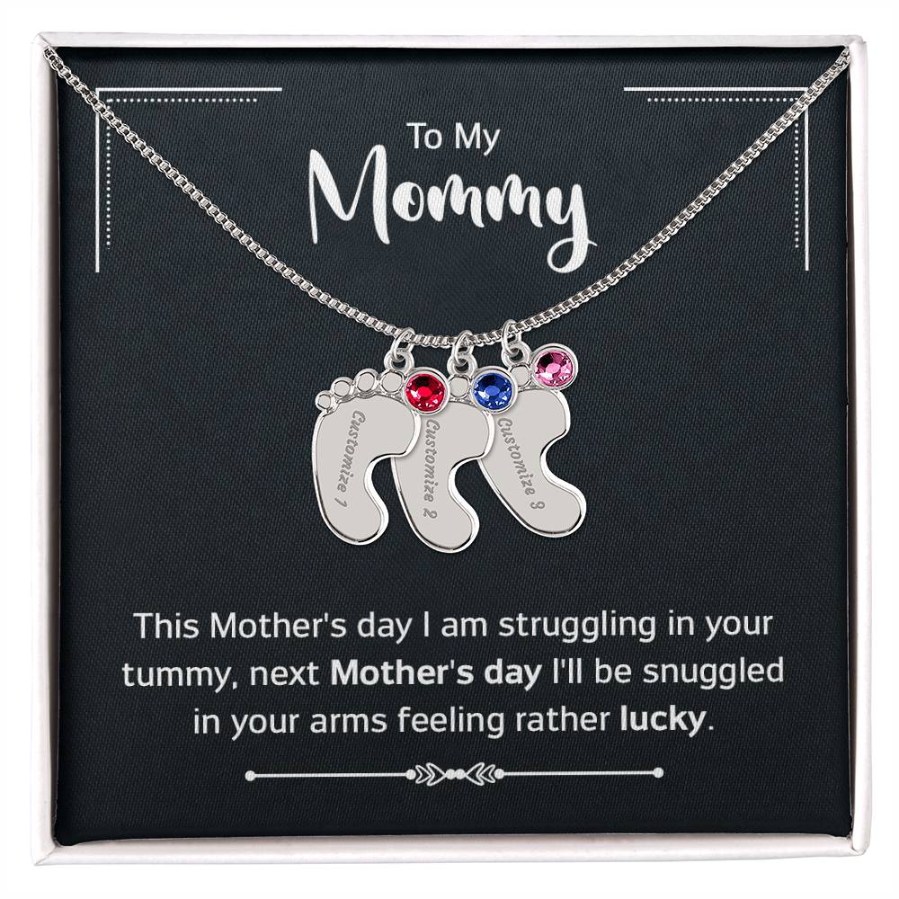 Engraved Baby Feet Necklace with Birthstone - Mother's Day