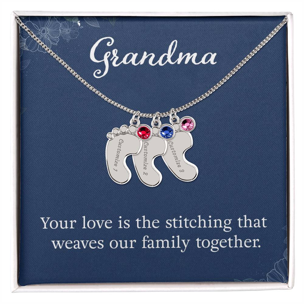 Engraved Baby Feet Necklace with Birthstone -Grandma, Your Love