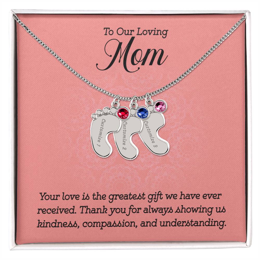 Engraved Baby Feet Necklace with Birthstone -To Our Loving Mom