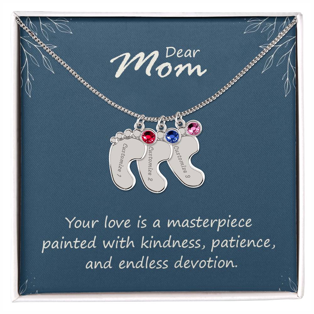 Engraved Baby Feet Necklace with Birthstone - Mom, Your Love  Is A Masterpiece