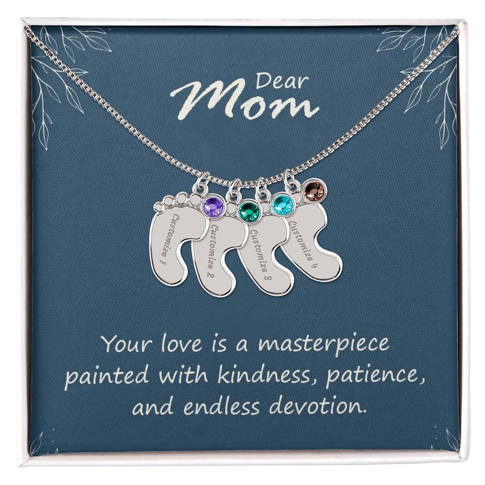 Engraved Baby Feet Necklace with Birthstone - Mom, Your Love  Is A Masterpiece