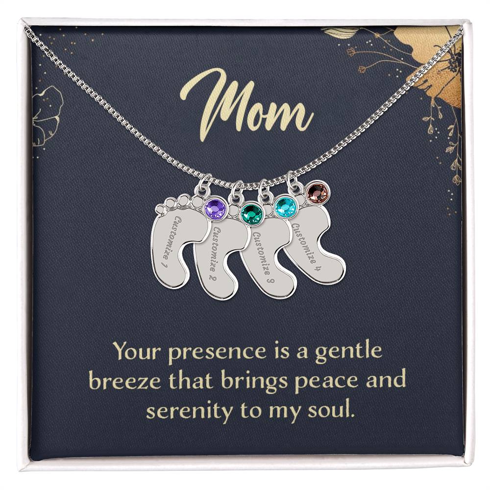 Engraved Baby Feet Necklace with Birthstone - Mom, Your Presence Is A Gentle Breeze