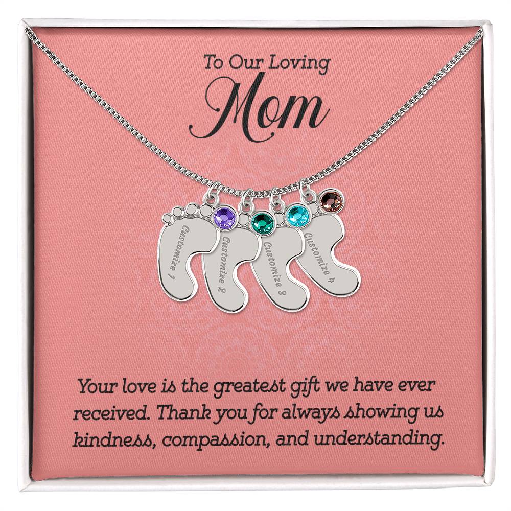 Engraved Baby Feet Necklace with Birthstone -To Our Loving Mom