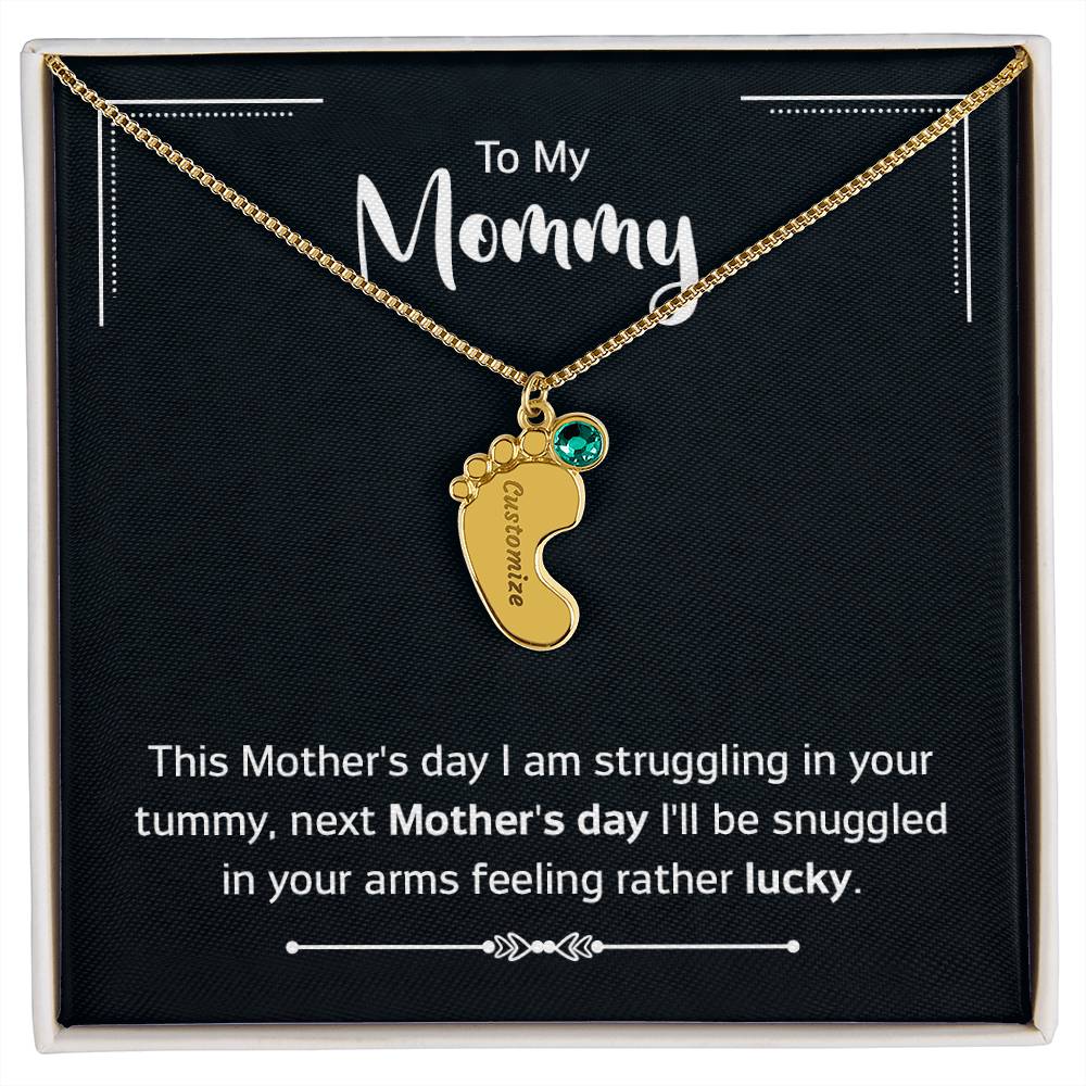 Engraved Baby Feet Necklace with Birthstone - Mother's Day