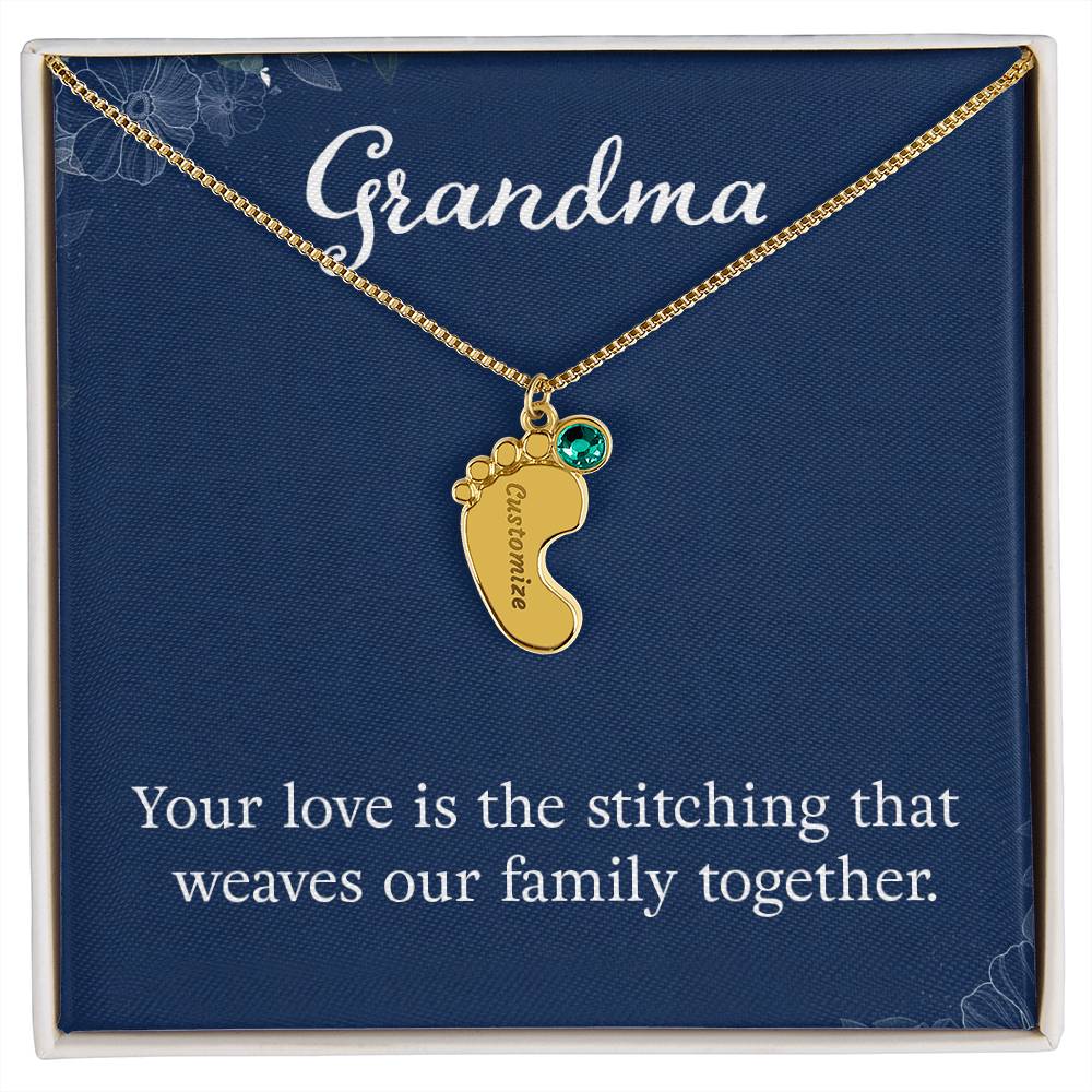 Engraved Baby Feet Necklace with Birthstone -Grandma, Your Love