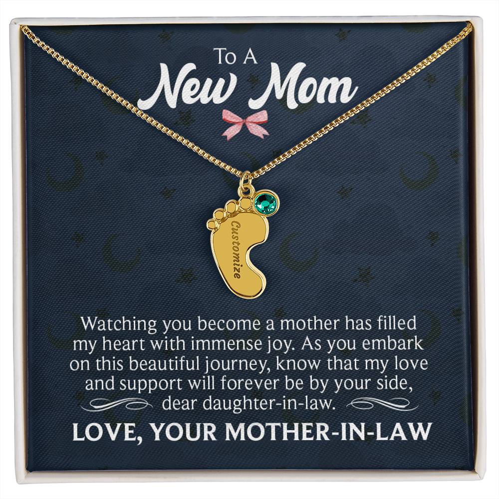 Engraved Baby Feet Necklace with Birthstone  - To A New Mom