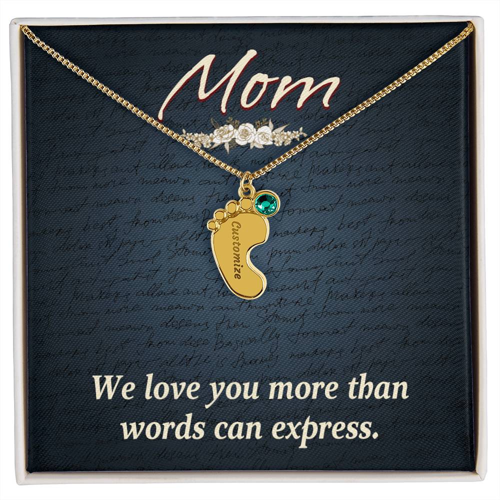 Engraved Baby Feet Necklace with Birthstone  - Mom, We Love You