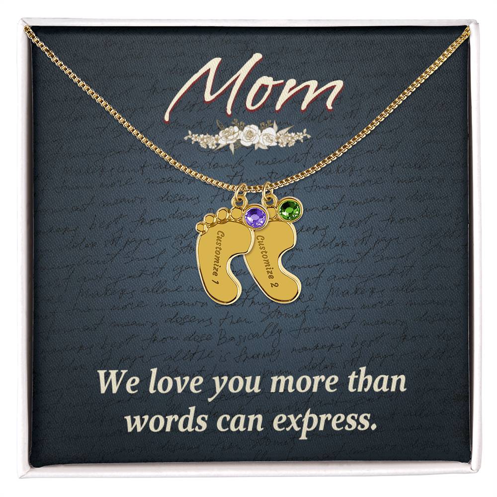 Engraved Baby Feet Necklace with Birthstone  - Mom, We Love You