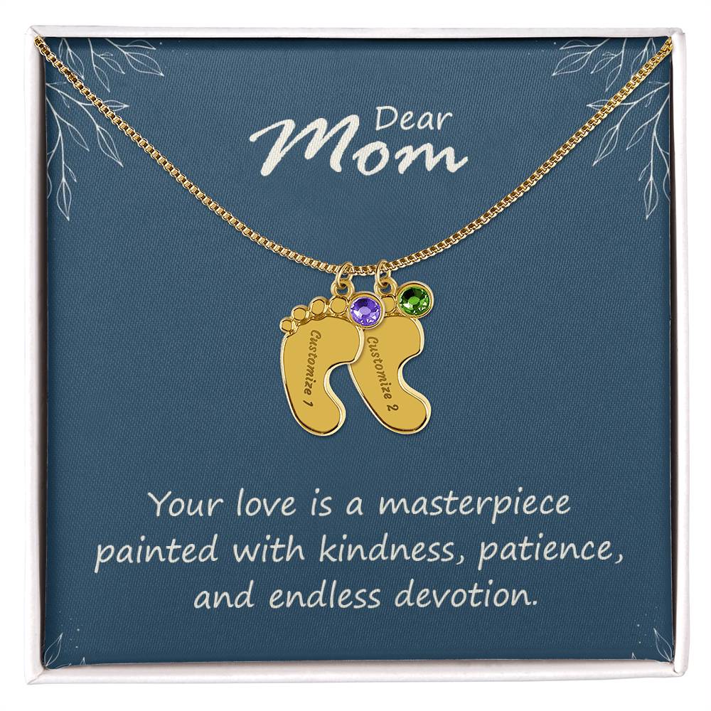 Engraved Baby Feet Necklace with Birthstone - Mom, Your Love  Is A Masterpiece