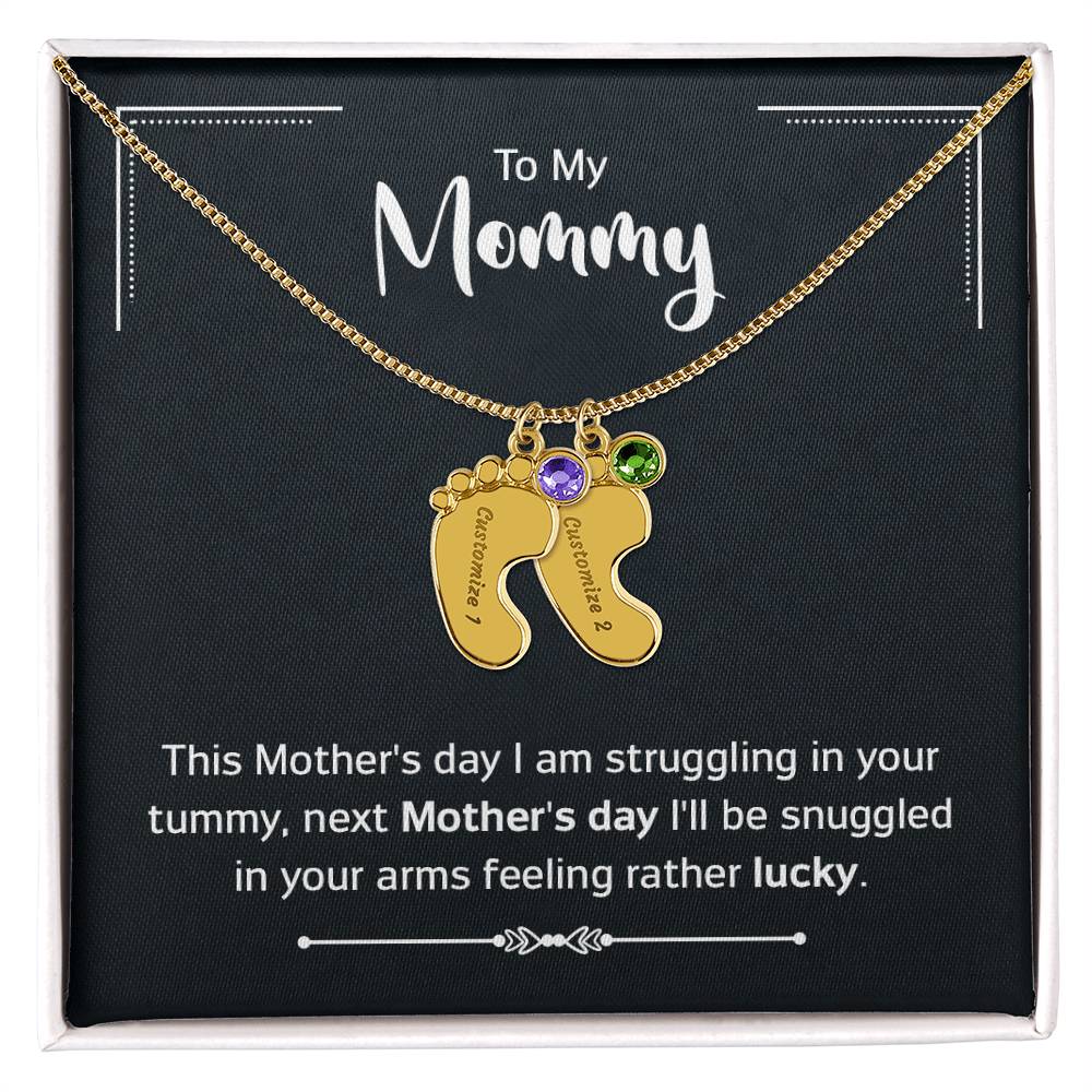 Engraved Baby Feet Necklace with Birthstone - Mother's Day