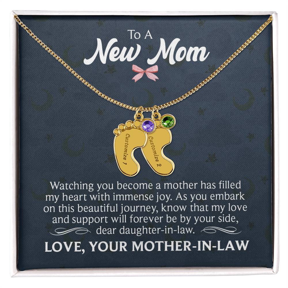 Engraved Baby Feet Necklace with Birthstone  - To A New Mom