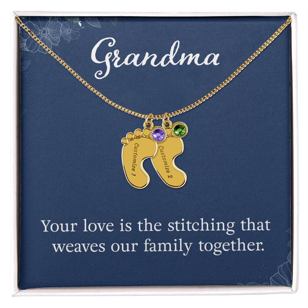 Engraved Baby Feet Necklace with Birthstone -Grandma, Your Love