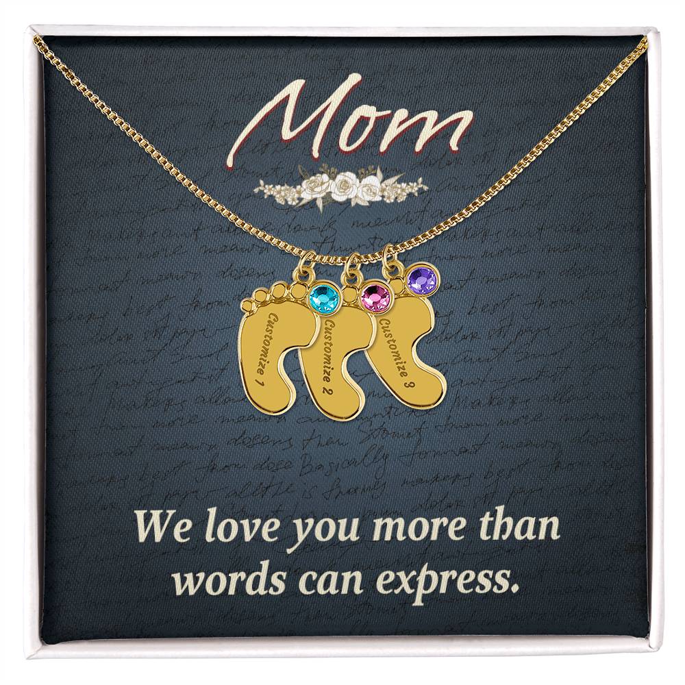 Engraved Baby Feet Necklace with Birthstone  - Mom, We Love You