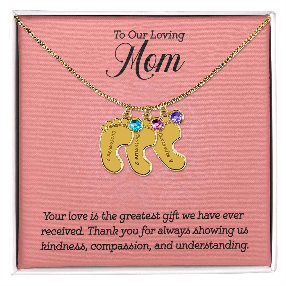 Engraved Baby Feet Necklace with Birthstone -To Our Loving Mom