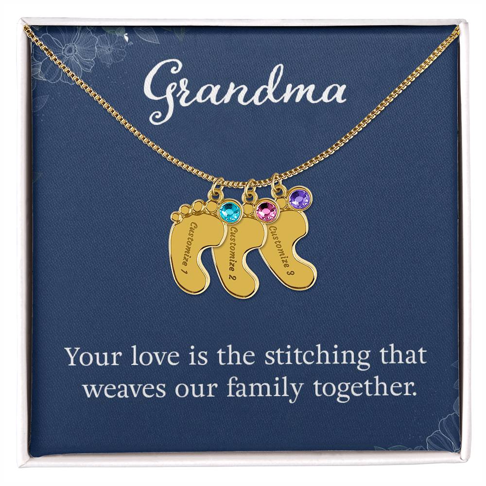 Engraved Baby Feet Necklace with Birthstone -Grandma, Your Love