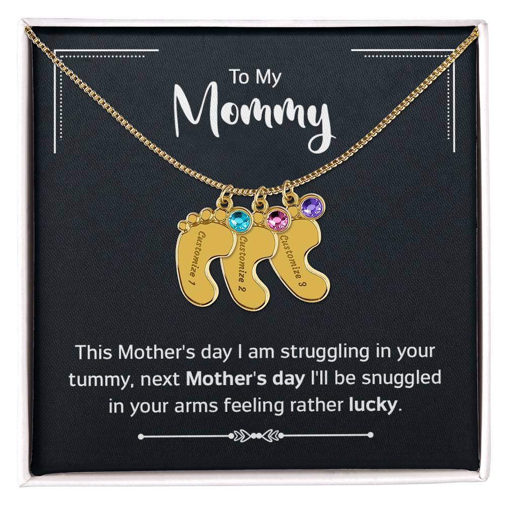 Engraved Baby Feet Necklace with Birthstone - Mother's Day