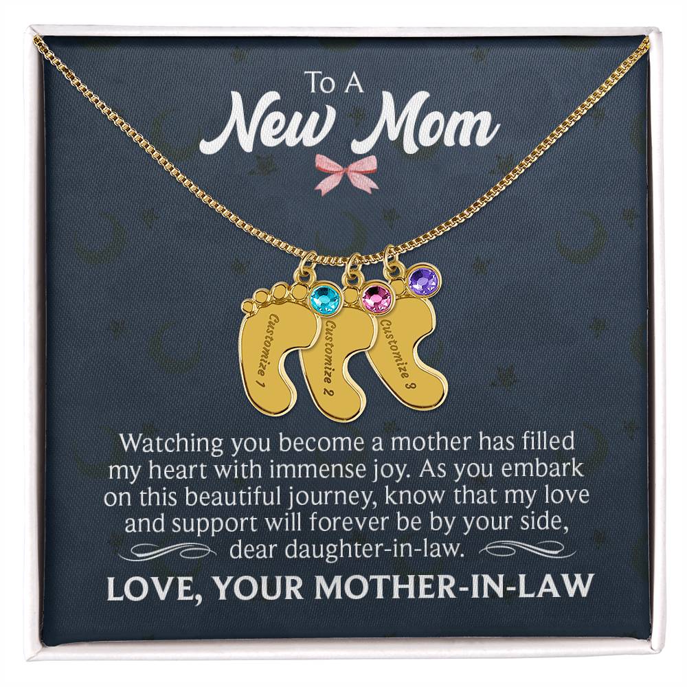 Engraved Baby Feet Necklace with Birthstone  - To A New Mom