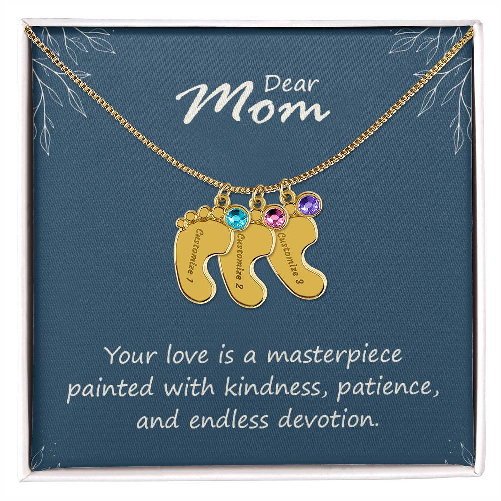 Engraved Baby Feet Necklace with Birthstone - Mom, Your Love  Is A Masterpiece