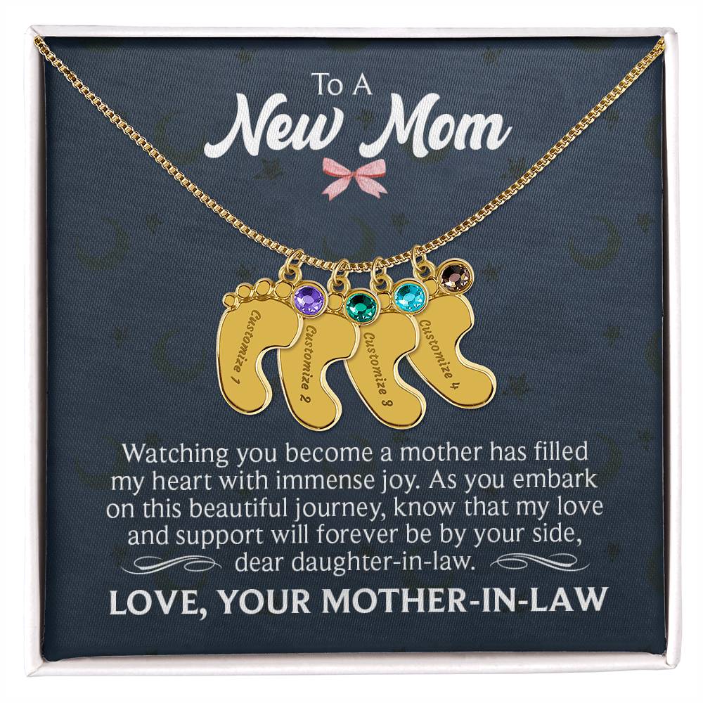 Engraved Baby Feet Necklace with Birthstone  - To A New Mom