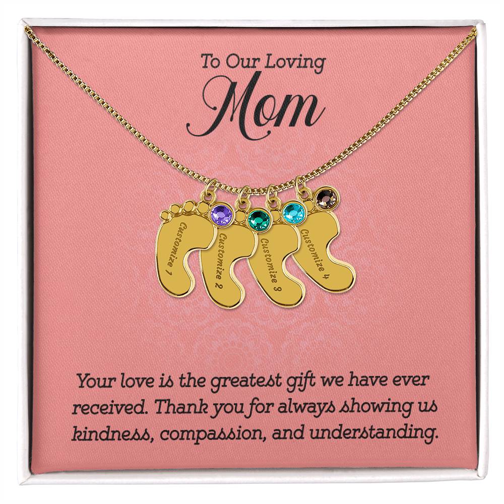 Engraved Baby Feet Necklace with Birthstone -To Our Loving Mom