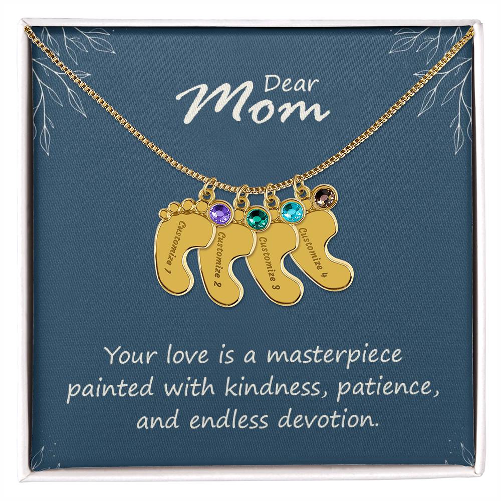 Engraved Baby Feet Necklace with Birthstone - Mom, Your Love  Is A Masterpiece