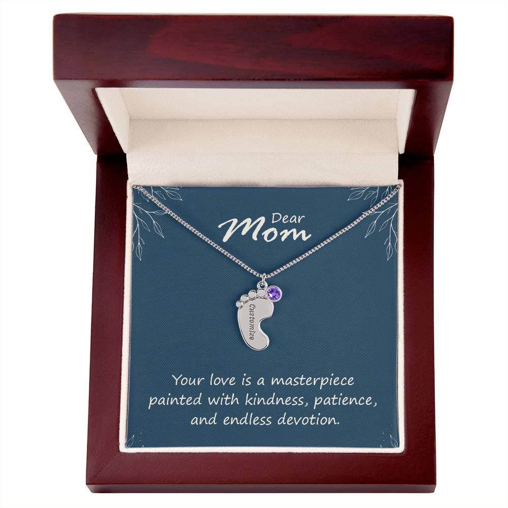 Engraved Baby Feet Necklace with Birthstone - Mom, Your Love  Is A Masterpiece