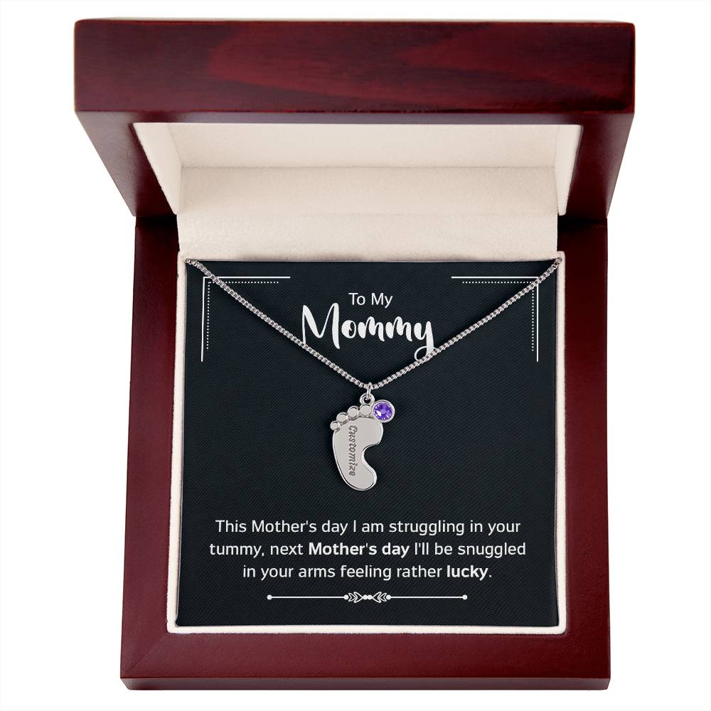 Engraved Baby Feet Necklace with Birthstone - Mother's Day