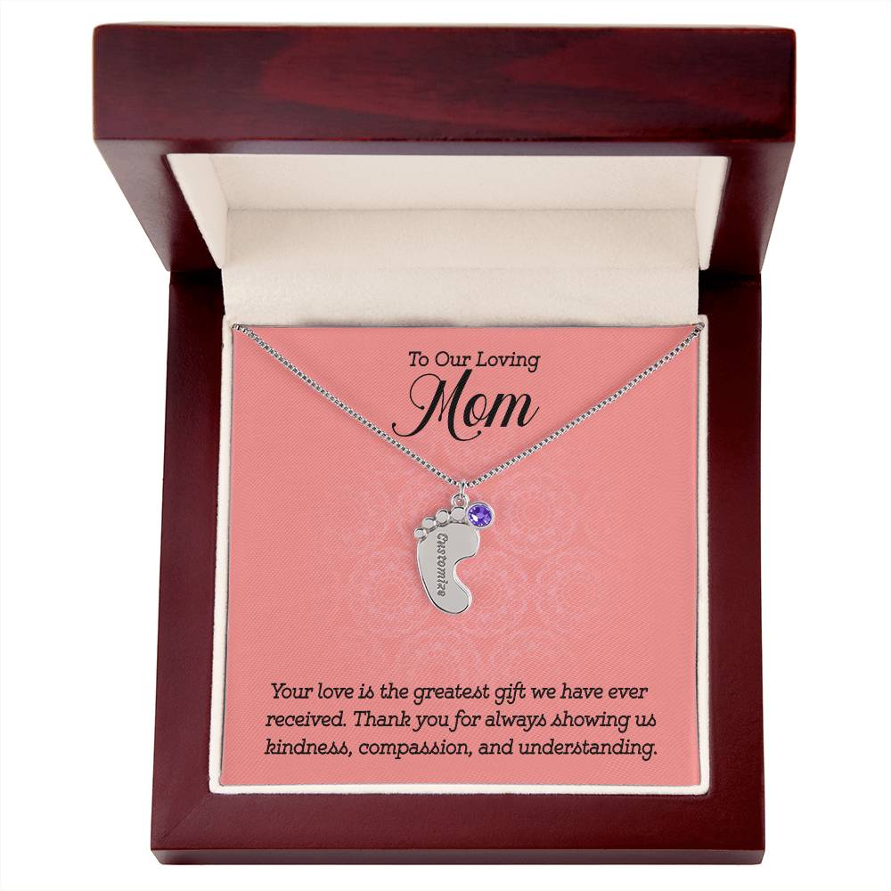 Engraved Baby Feet Necklace with Birthstone -To Our Loving Mom