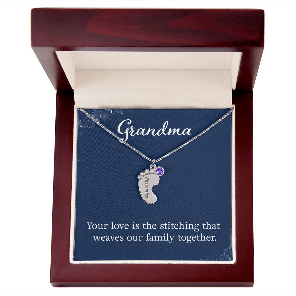 Engraved Baby Feet Necklace with Birthstone -Grandma, Your Love