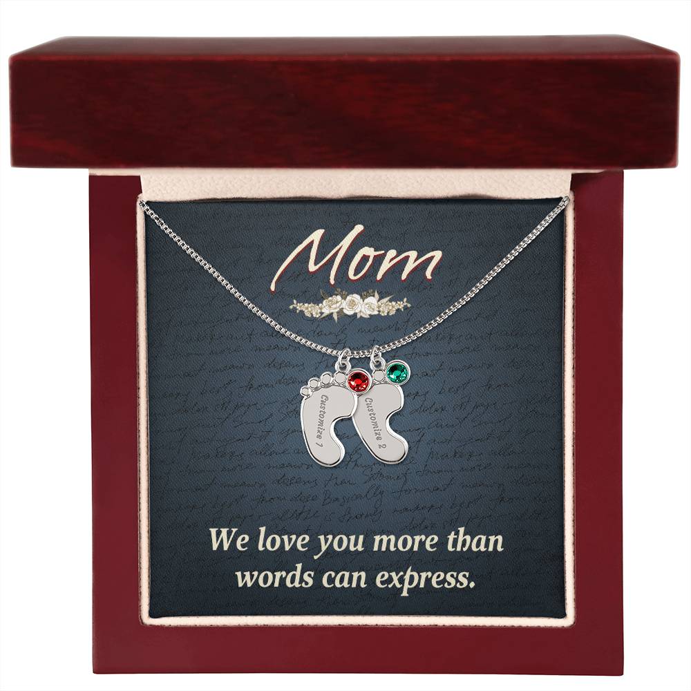 Engraved Baby Feet Necklace with Birthstone  - Mom, We Love You