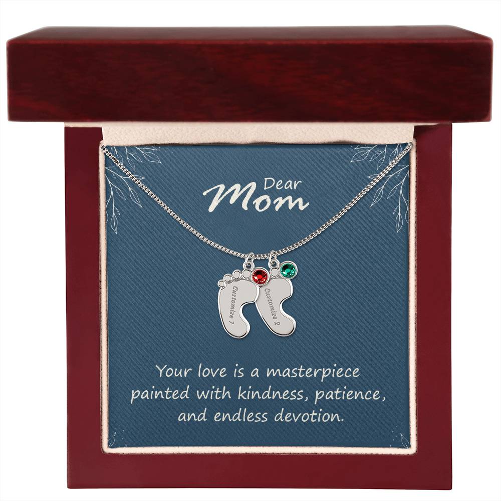 Engraved Baby Feet Necklace with Birthstone - Mom, Your Love  Is A Masterpiece