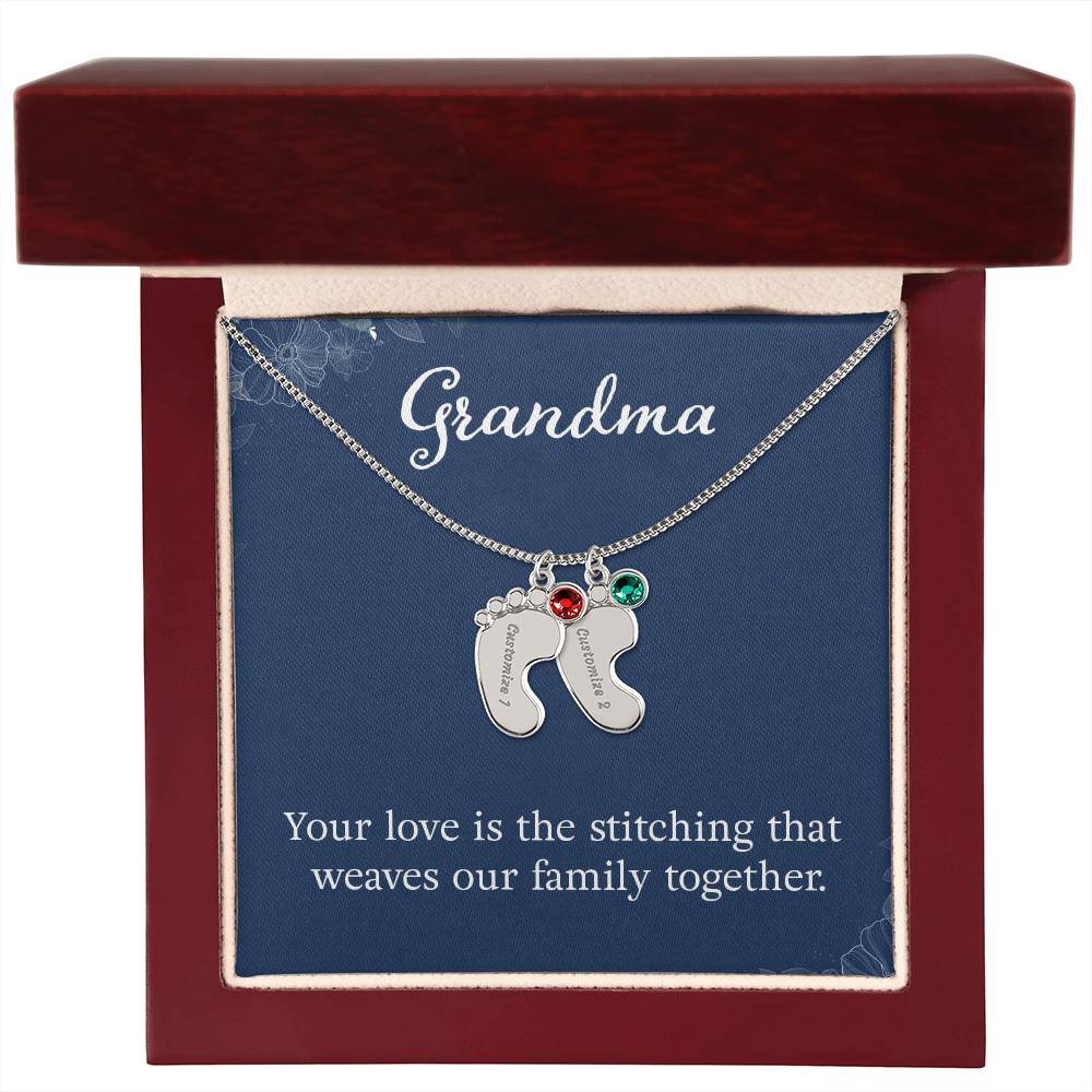 Engraved Baby Feet Necklace with Birthstone -Grandma, Your Love