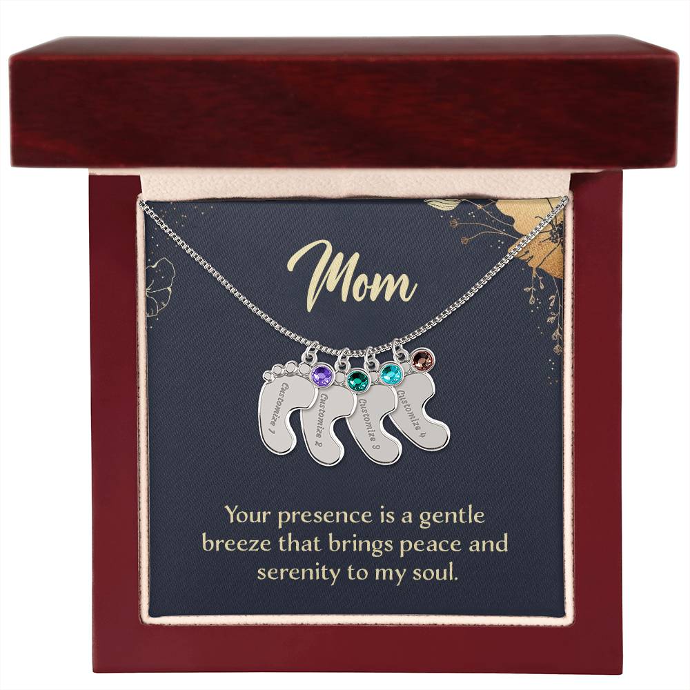 Engraved Baby Feet Necklace with Birthstone - Mom, Your Presence Is A Gentle Breeze