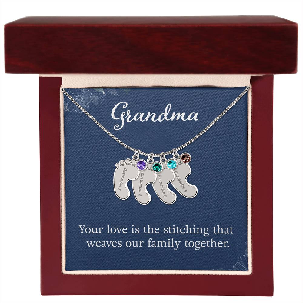 Engraved Baby Feet Necklace with Birthstone -Grandma, Your Love