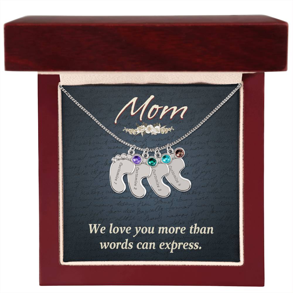 Engraved Baby Feet Necklace with Birthstone  - Mom, We Love You