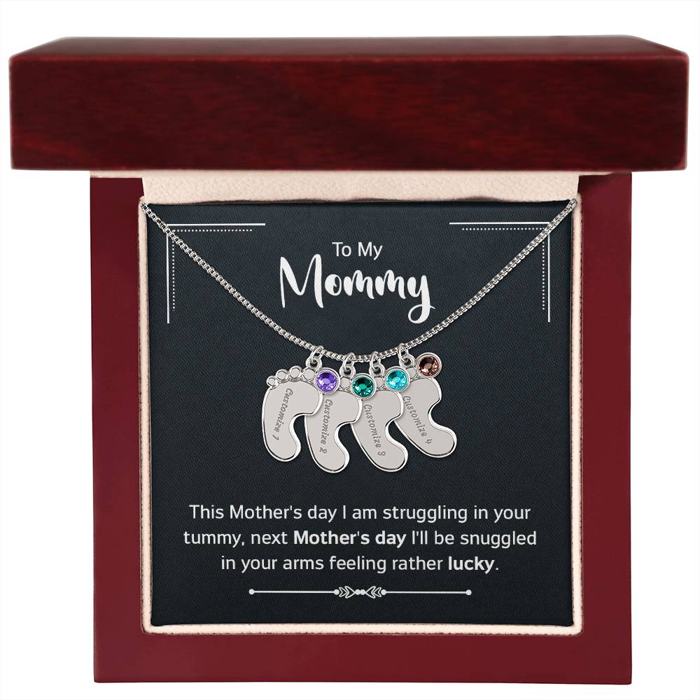 Engraved Baby Feet Necklace with Birthstone - Mother's Day