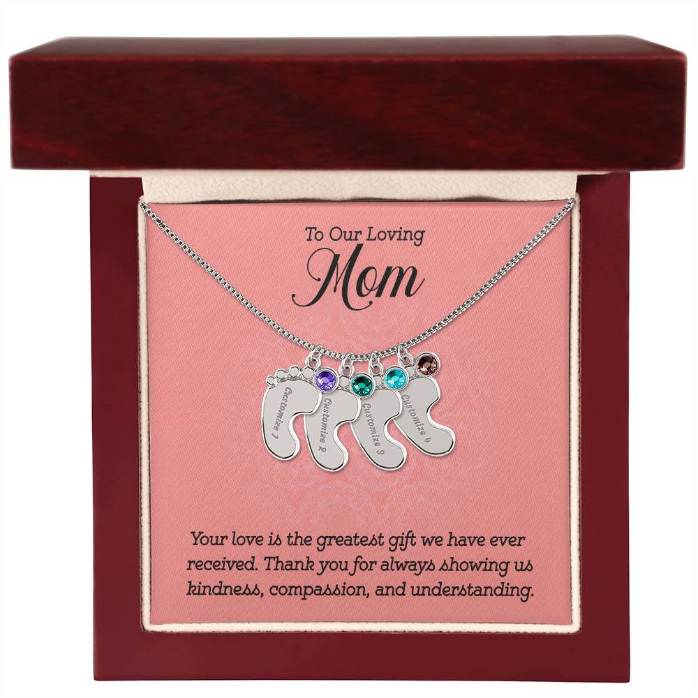 Engraved Baby Feet Necklace with Birthstone -To Our Loving Mom