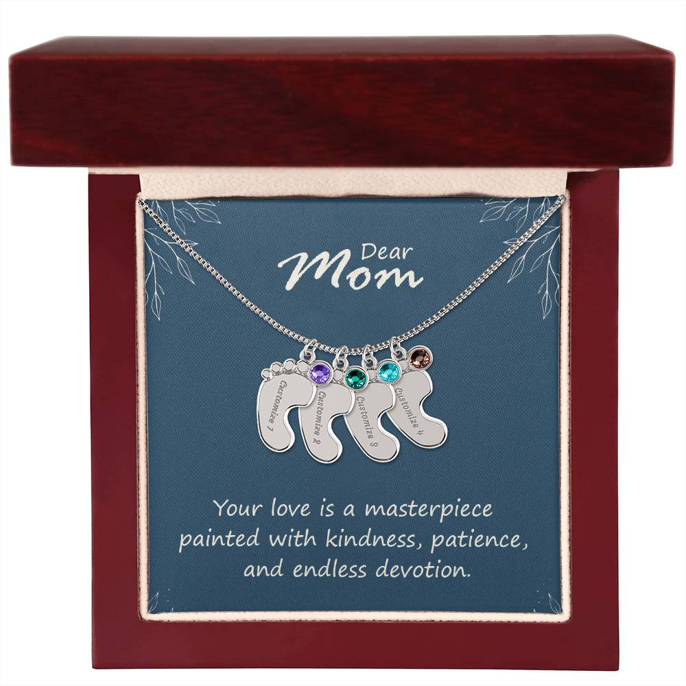 Engraved Baby Feet Necklace with Birthstone - Mom, Your Love  Is A Masterpiece