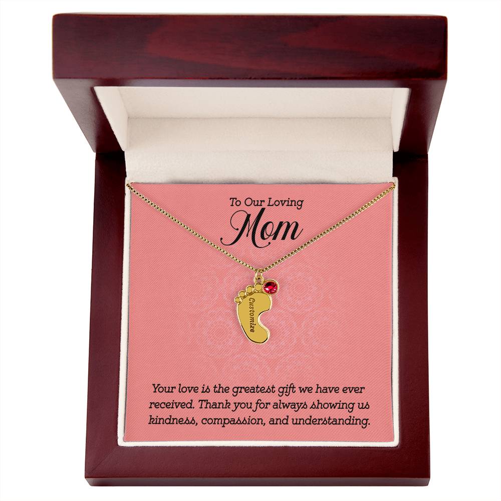 Engraved Baby Feet Necklace with Birthstone -To Our Loving Mom