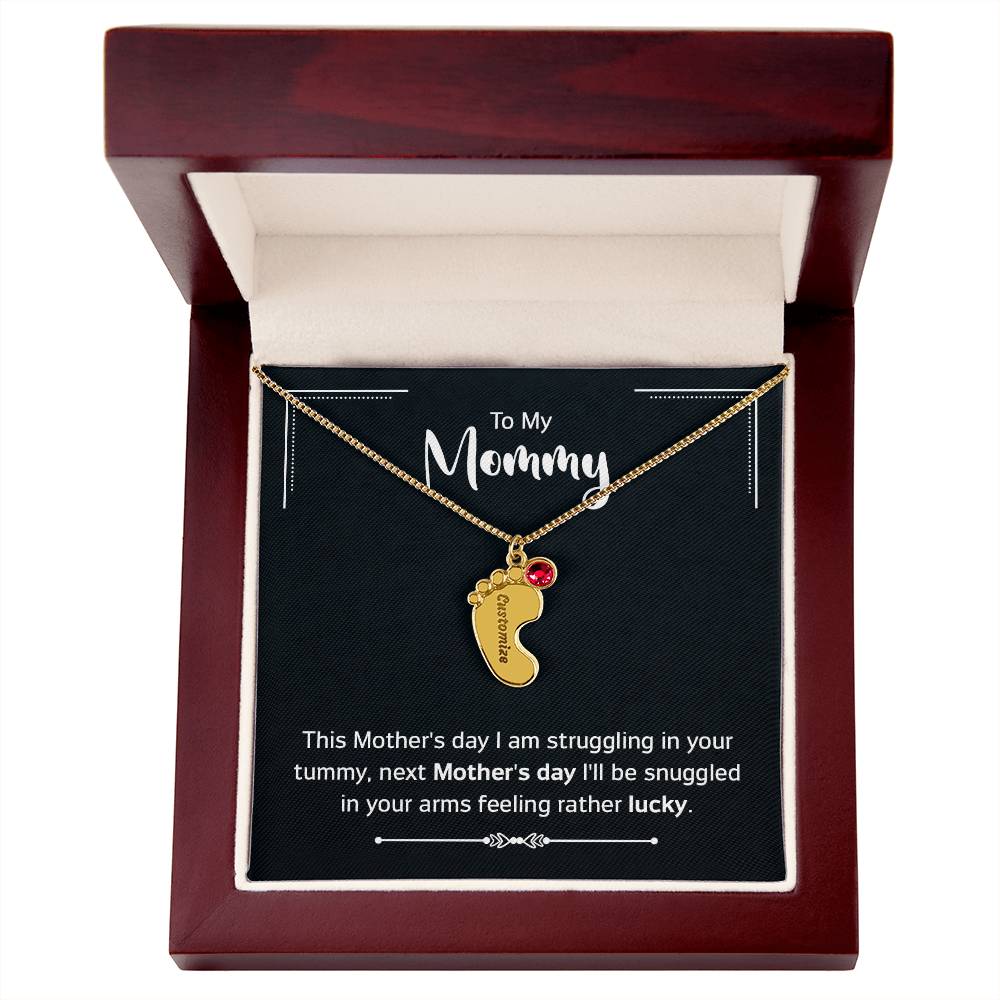 Engraved Baby Feet Necklace with Birthstone - Mother's Day