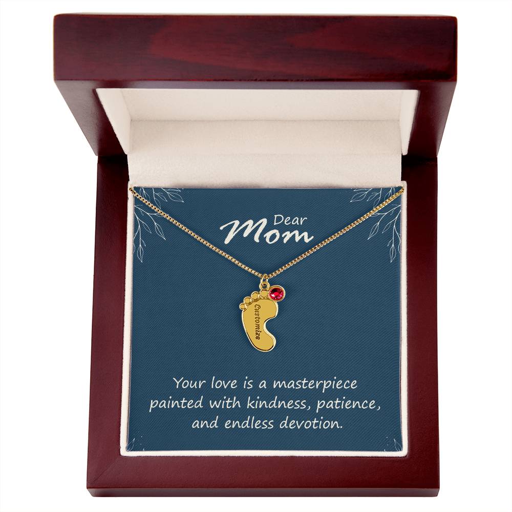 Engraved Baby Feet Necklace with Birthstone - Mom, Your Love  Is A Masterpiece