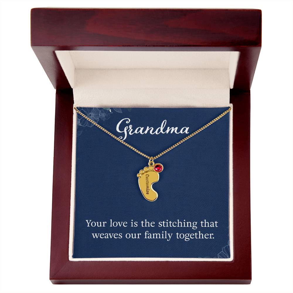 Engraved Baby Feet Necklace with Birthstone -Grandma, Your Love