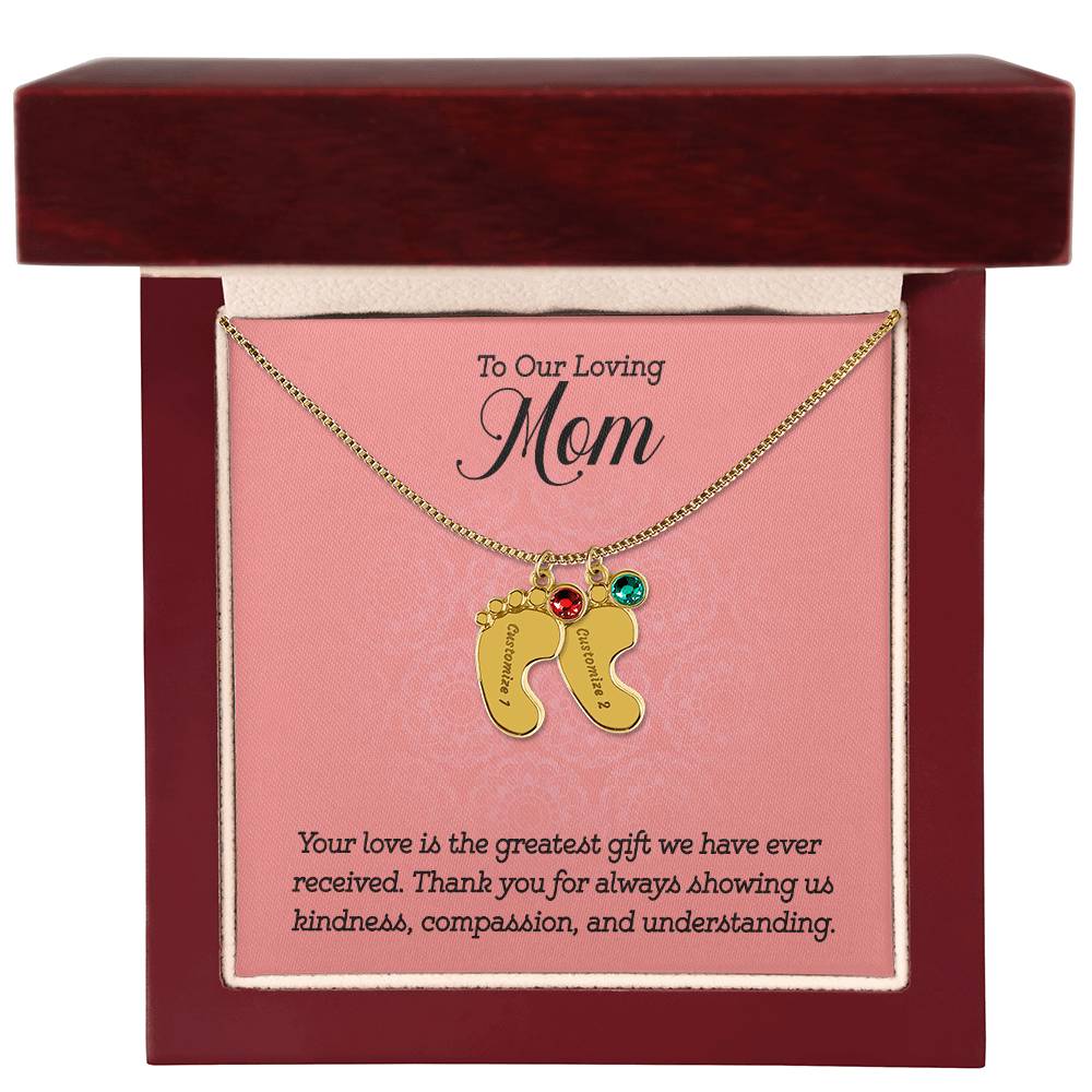 Engraved Baby Feet Necklace with Birthstone -To Our Loving Mom