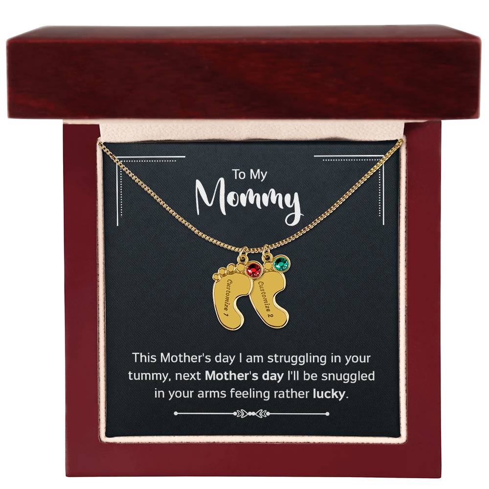 Engraved Baby Feet Necklace with Birthstone - Mother's Day