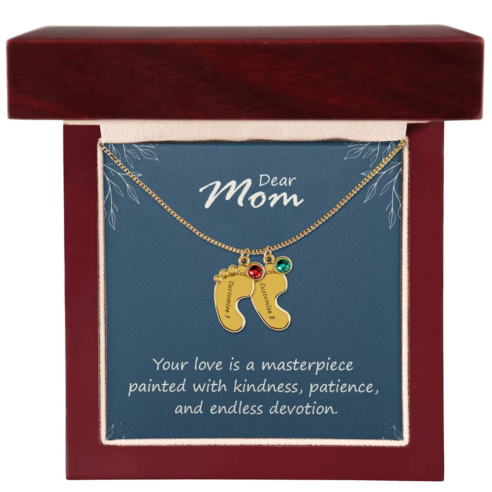 Engraved Baby Feet Necklace with Birthstone - Mom, Your Love  Is A Masterpiece