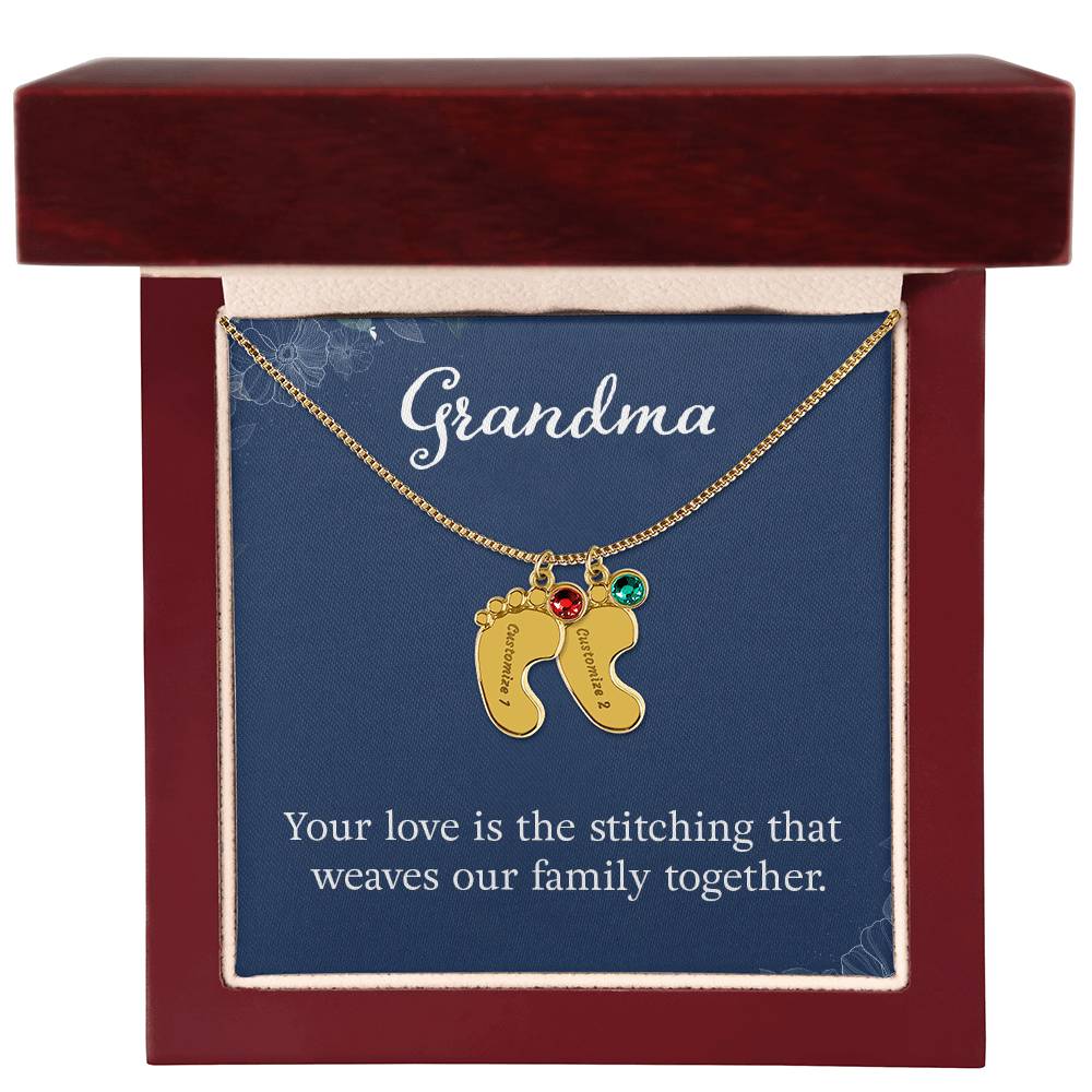 Engraved Baby Feet Necklace with Birthstone -Grandma, Your Love